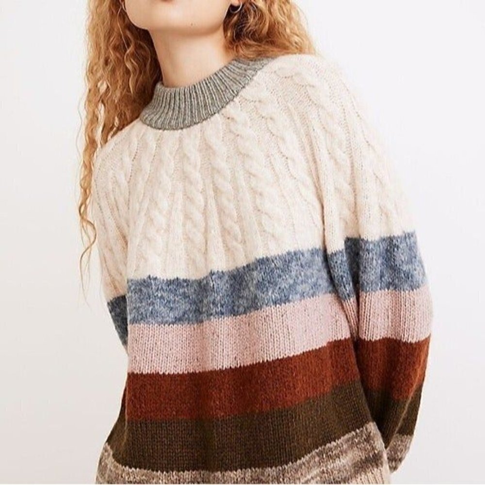 Madewell Cable Knit Sweater Women XS Multicolor Striped Wool Blend Mock Neck